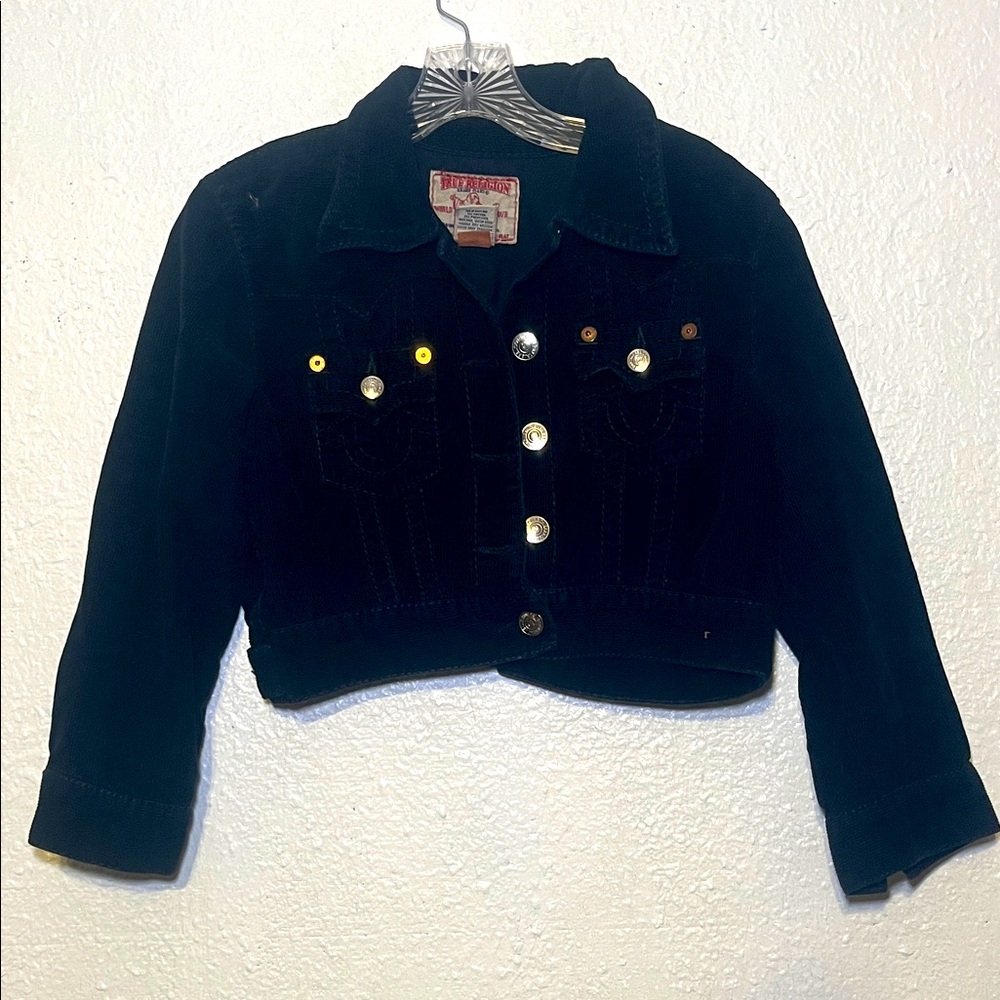 True Religion black cropped corduroy button up jacket, size, large